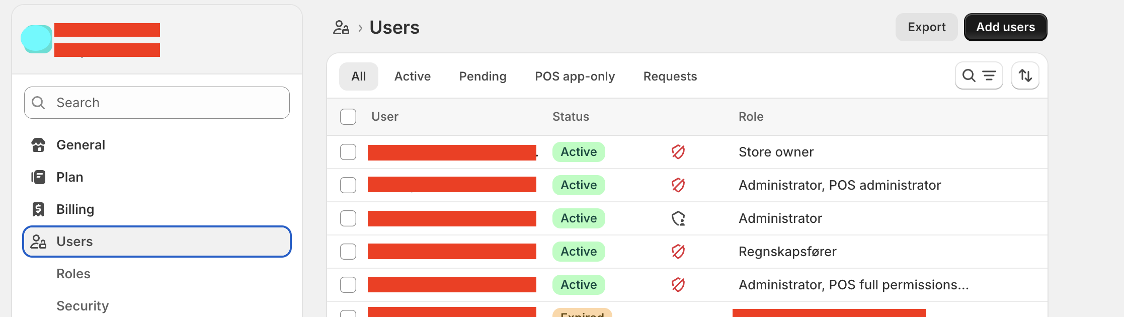 Shopify Users and permissions-siden med Add users-knappen