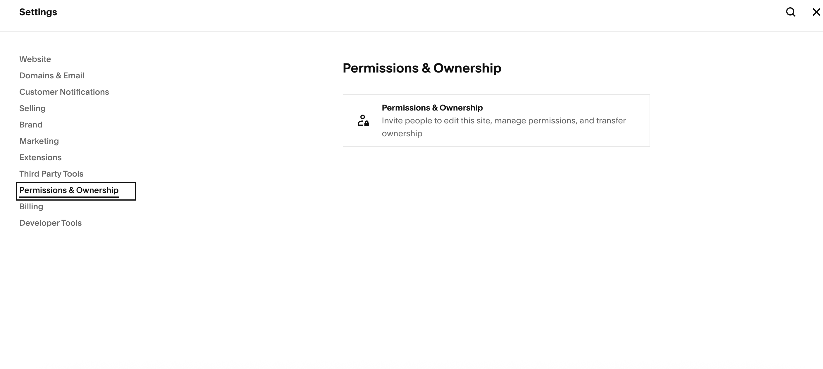 Squarespace Settings-siden med Permissions & Ownership markert