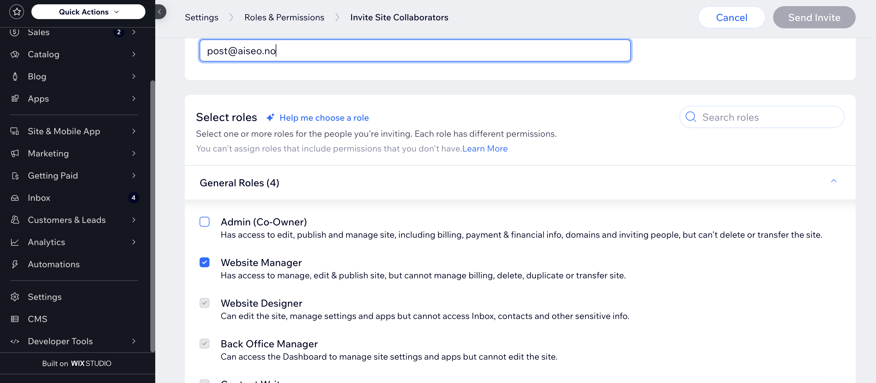 Wix Invite Site Collaborators med e-post og rollevalg