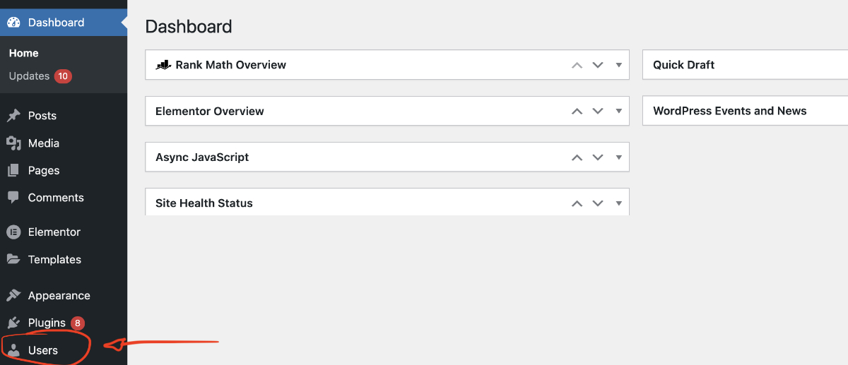 WordPress dashboard med Users-menyen markert