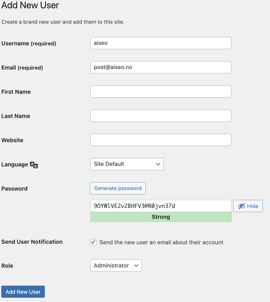 WordPress Add New User-skjemaet utfylt med aiseo-brukerinfo